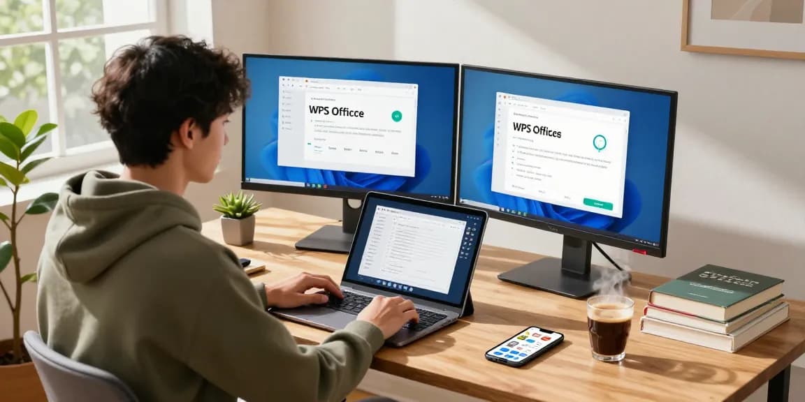 WPS Download on a laptop in a vibrant home office workspace with productivity elements.