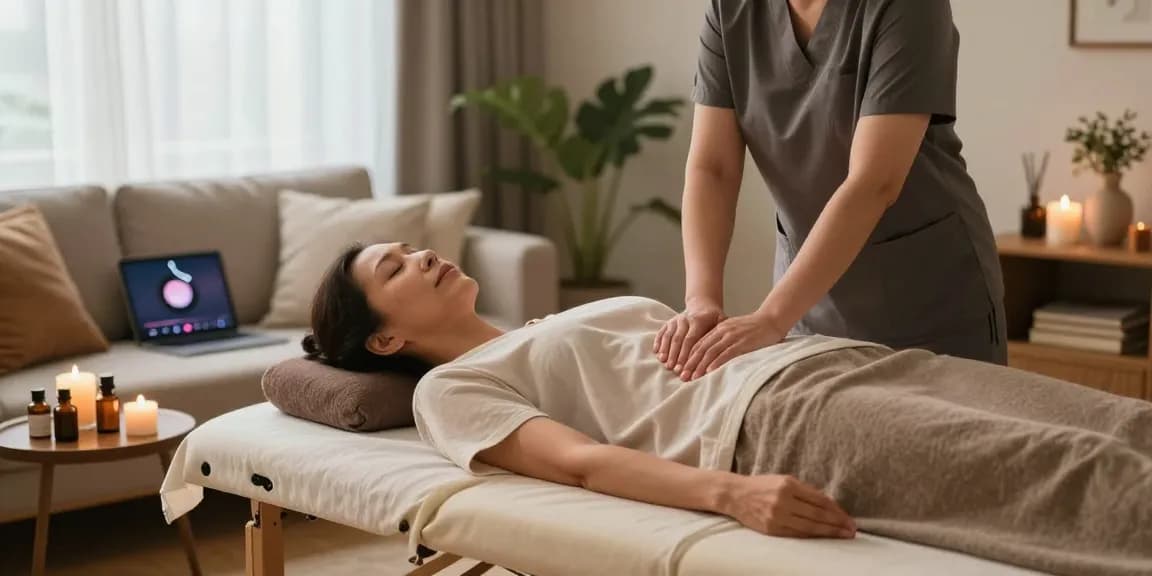편안하게 출장안마를 받는 고객과 전문 관리사의 모습으로, 아늑한 실내에서의 고급스러운 분위기를 담고 있습니다.