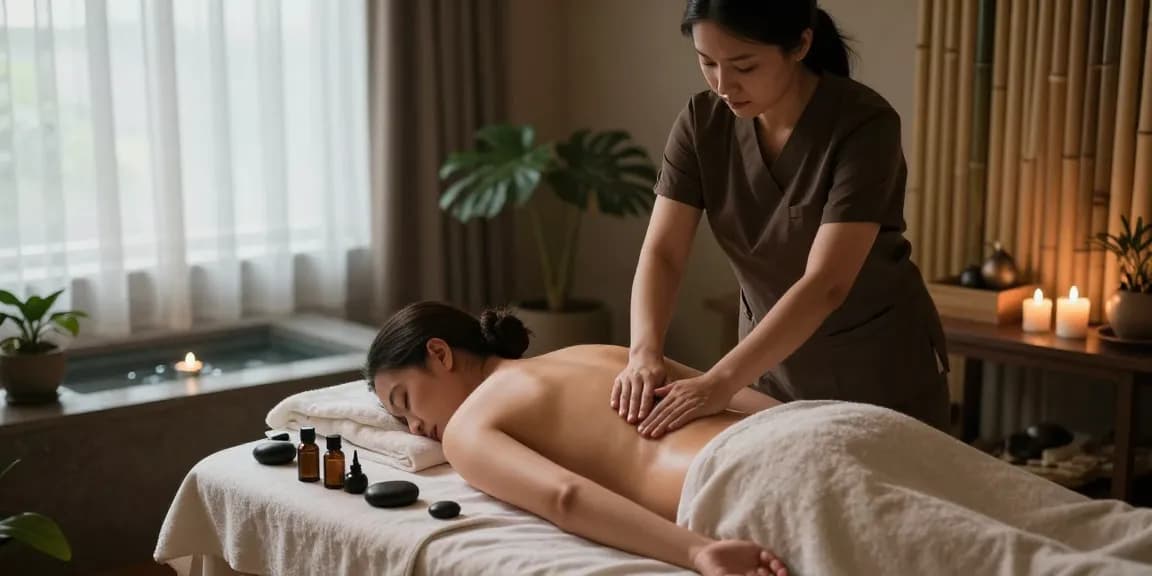 잠실출장안마를 위한 아늑한 마사지 스파 장면, 편안한 분위기와 자연 요소로 힐링을 제공합니다.