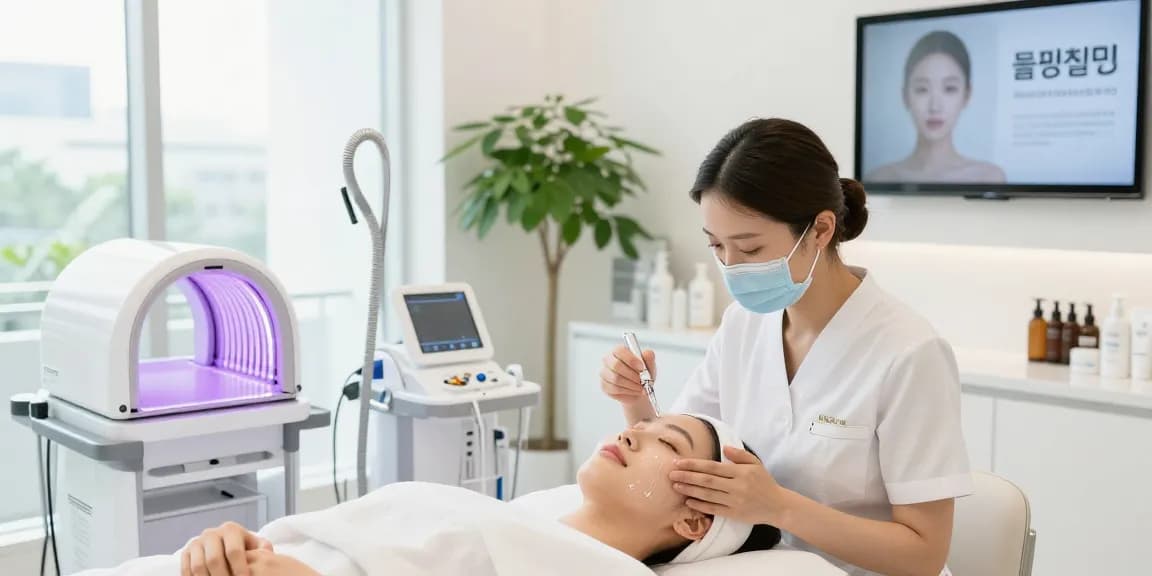 물광필링 시술 중인 피부 전문가와 고객의 모습, 현대적이고 밝은 클리닉 환경.