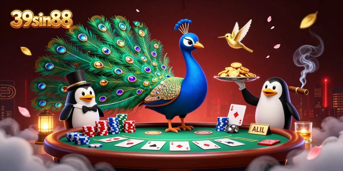 39sin88 showcases a vibrant casino scene with a luxurious peacock, penguin butler, and hummingbird.