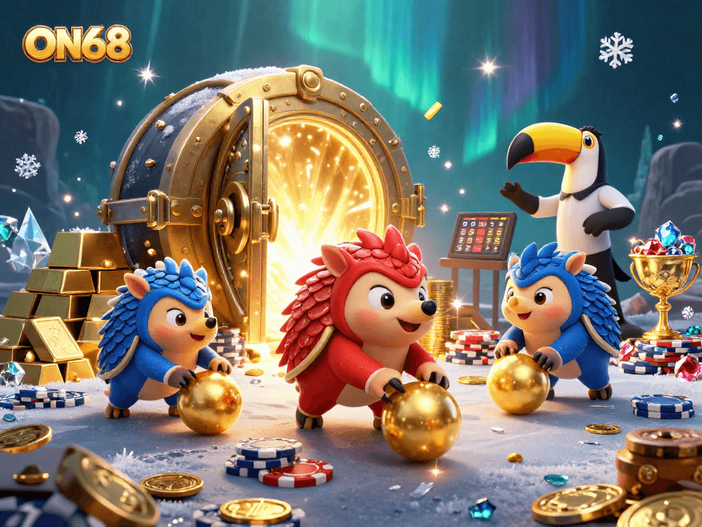 Experience ON68 adventures with rival pangolins in a dazzling casino showdown surrounded by treasures.