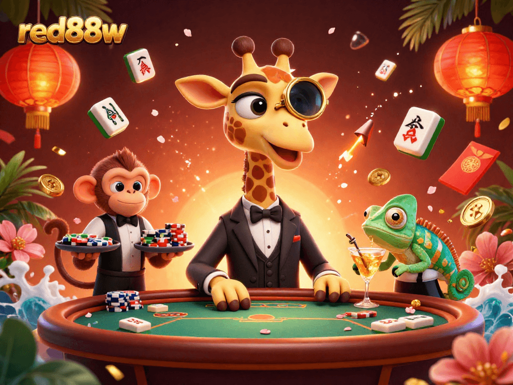 Experience the thrill of winning at red88w with a high-roller casino scene featuring a giraffe, monkey, and chameleon.