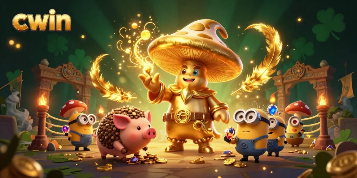 Spin jackpots at Cwin with a golden wizard and treasure-seeking pig in an enchanted casino arena