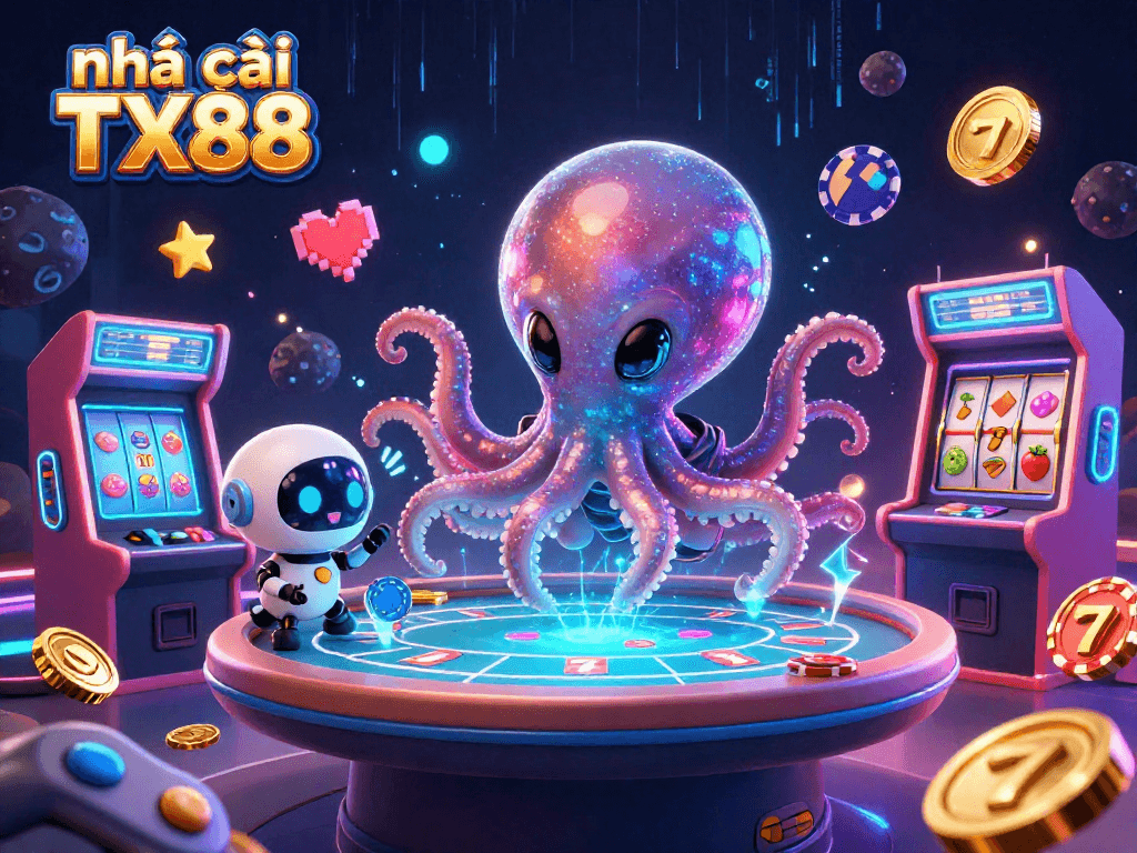 Experience thrilling gaming at nhà cái TX88 with a vibrant 3D casino scene featuring an alien octopus and holographic poker.