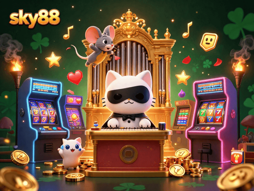 Sky88 casino adventure featuring a phantom cat, acrobatic mouse, and vibrant gaming elements.