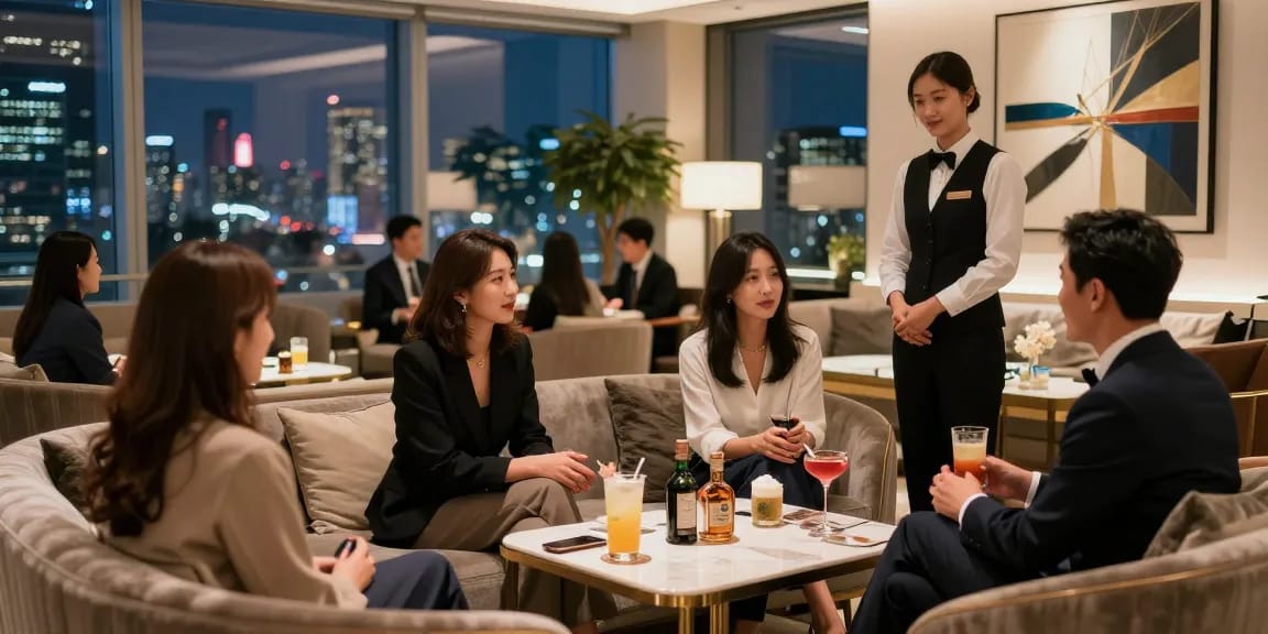 강남블랜딩의 고급스러운 라운지에서 손님들이 즐거운 대화 중인 모습