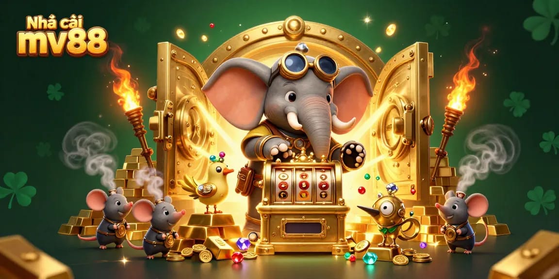 Engage with the dynamic gaming experience at Nhà cái mv88 through a vibrant 3D steampunk-themed illustration featuring a golden slot machine.