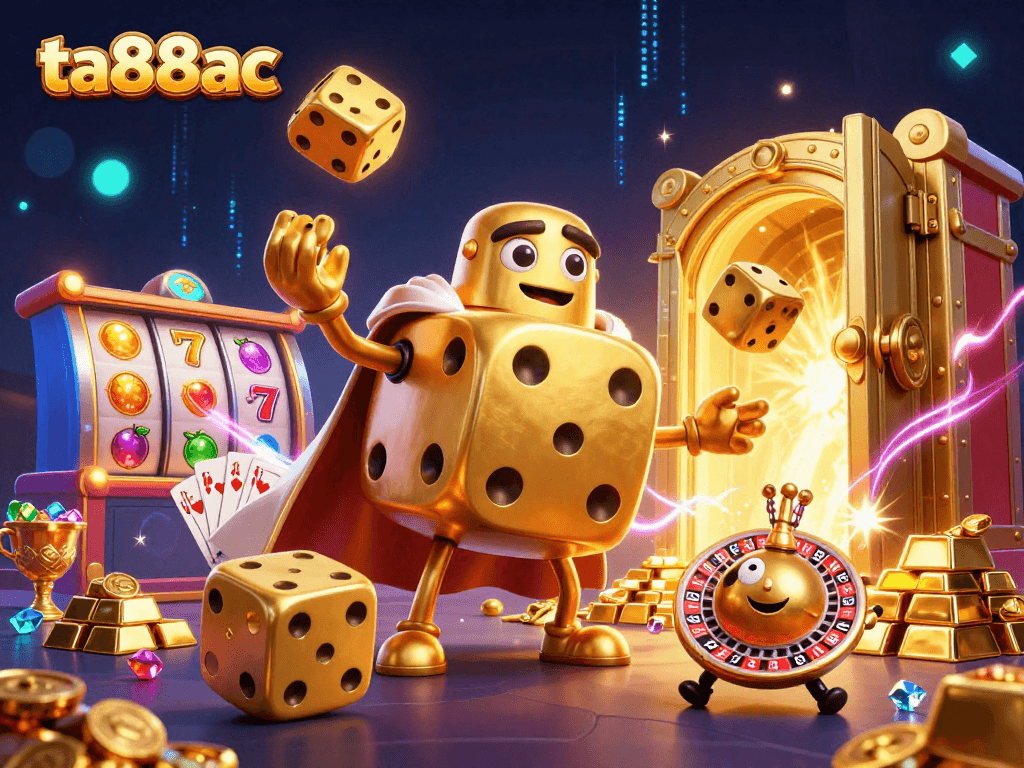 Experience ta88ac with dynamic golden dice and vibrant casino elements in this 3D illustration.