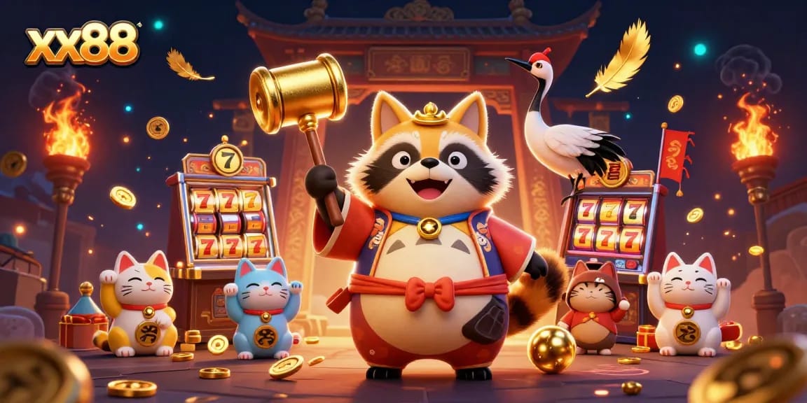Experience thrilling action at xx88 with cheerful tanuki and lucky symbols in a vibrant casino scene.