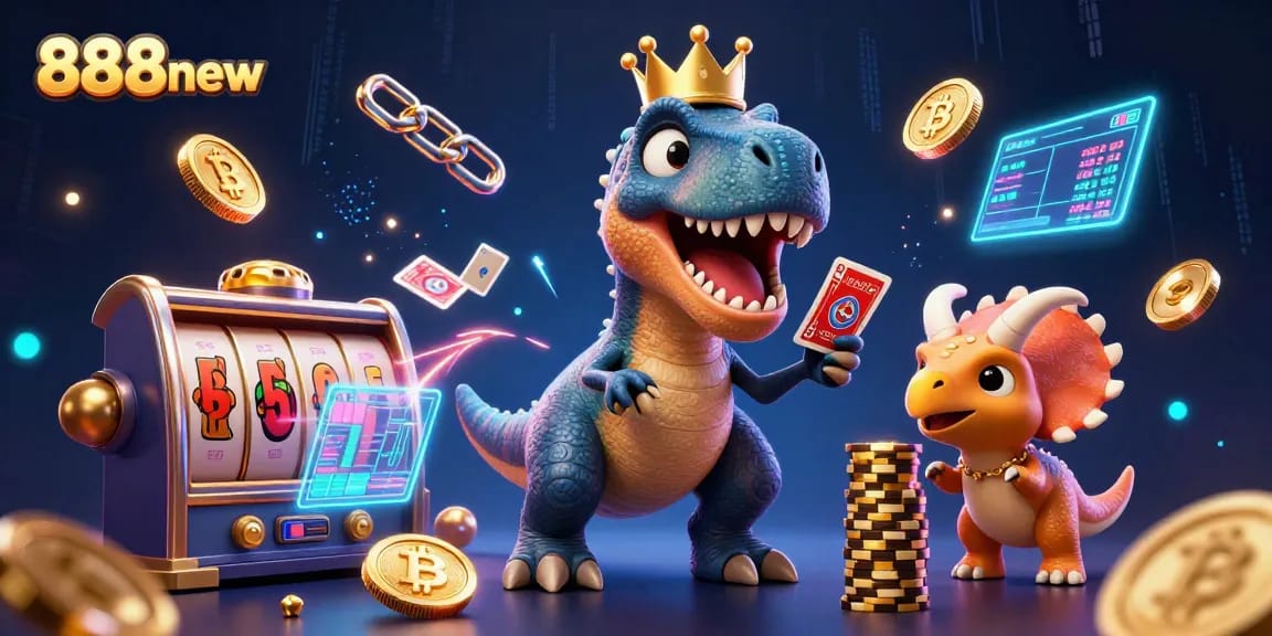 Experience thrilling fun at 888new with friendly cartoon characters engaging in vibrant casino games.
