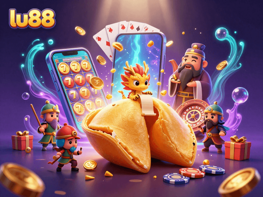 Engage with exciting adventures at lu88, featuring a mesmerizing gaming scene with 3D characters and vibrant casino elements.