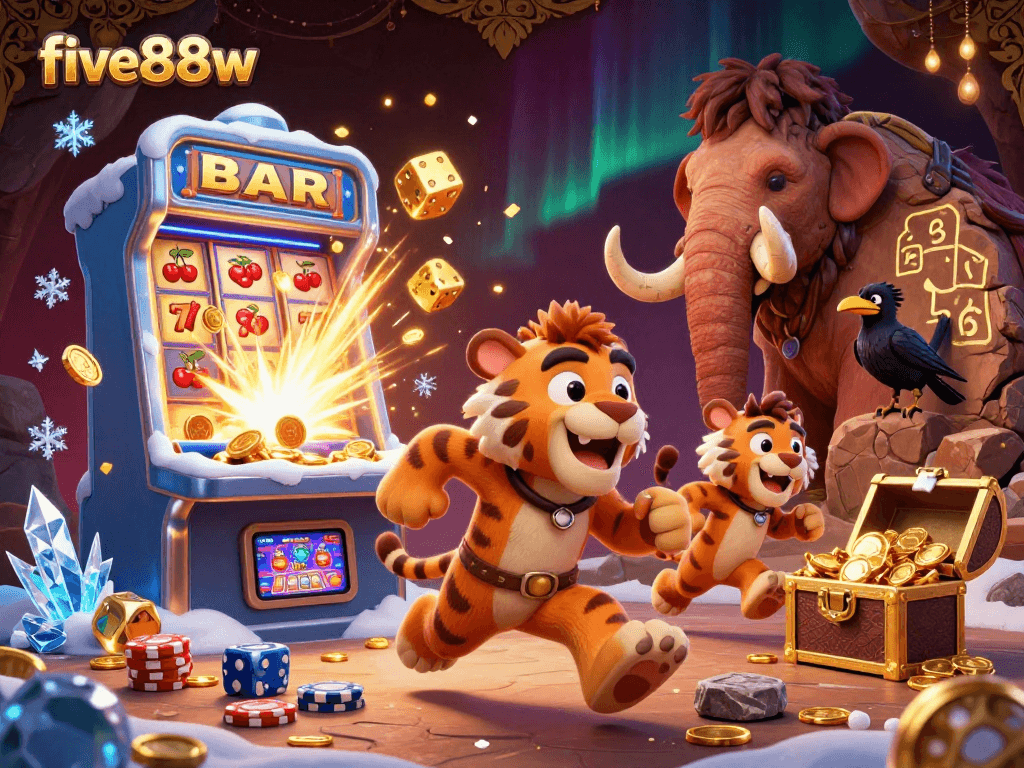 Win big at five88w with a prehistoric casino scene featuring thrilling games and action!