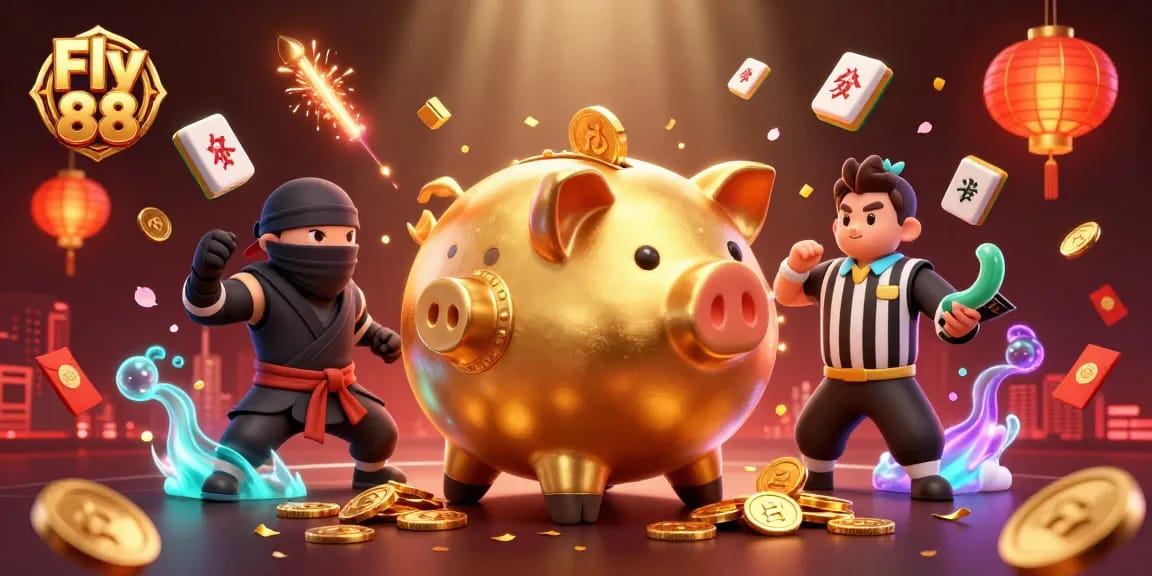 Experience the thrill of Fly 88 as a golden piggy bank sumo wrestler shakes gold coins in a vibrant casino scene.