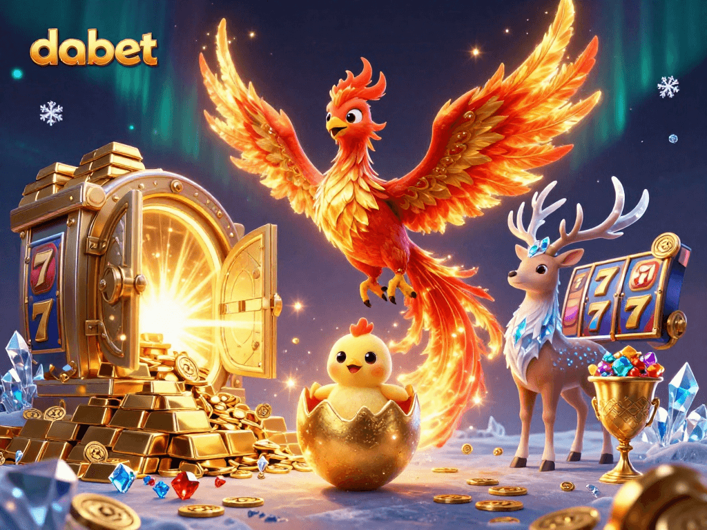 dabet brings luck as a fire phoenix and baby hatch amidst casino gold and treasures