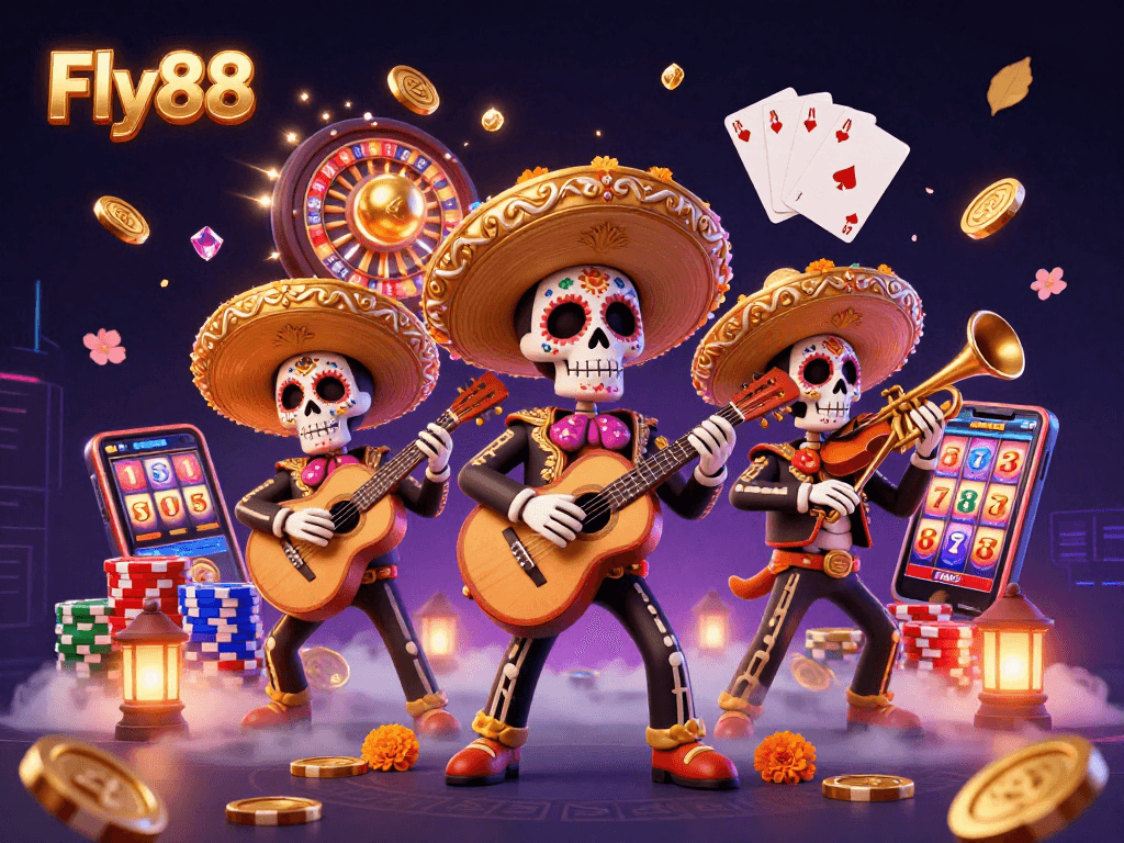 Fly88 draws in players with vibrant 3D illustration featuring mariachi band, casino elements, and plenty of action.