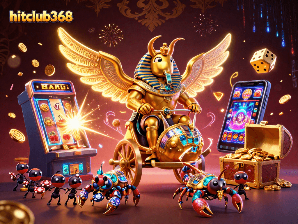 Engage with hitclub368's thrilling online gaming experience through a vibrant 3D casino illustration.