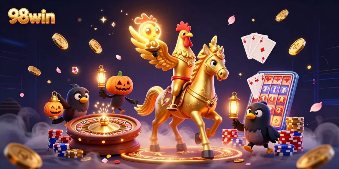 Engage in exciting gaming moments with 98win at the vibrant casino, featuring dynamic elements and vibrant characters.