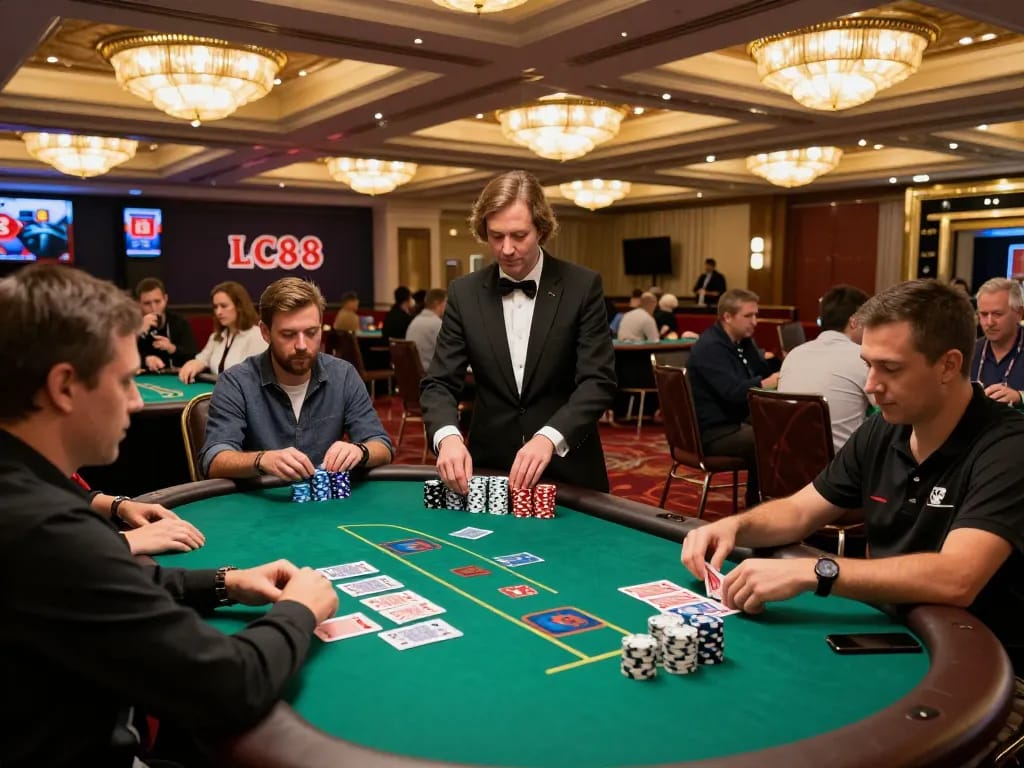 Players engage in strategic blackjack gameplay at LC88’s upscale casino tables.