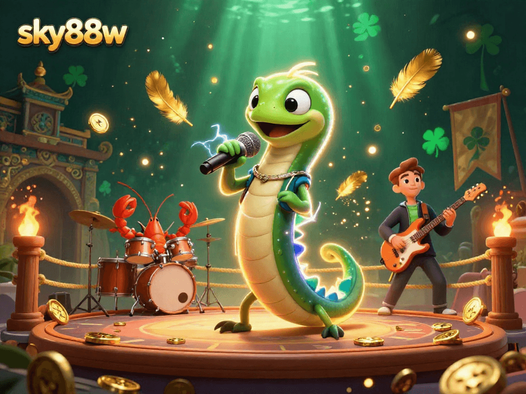 Engage with the vibrant underwater casino scene featuring sky88w elements as characters perform amidst gold coins and ember particles.
