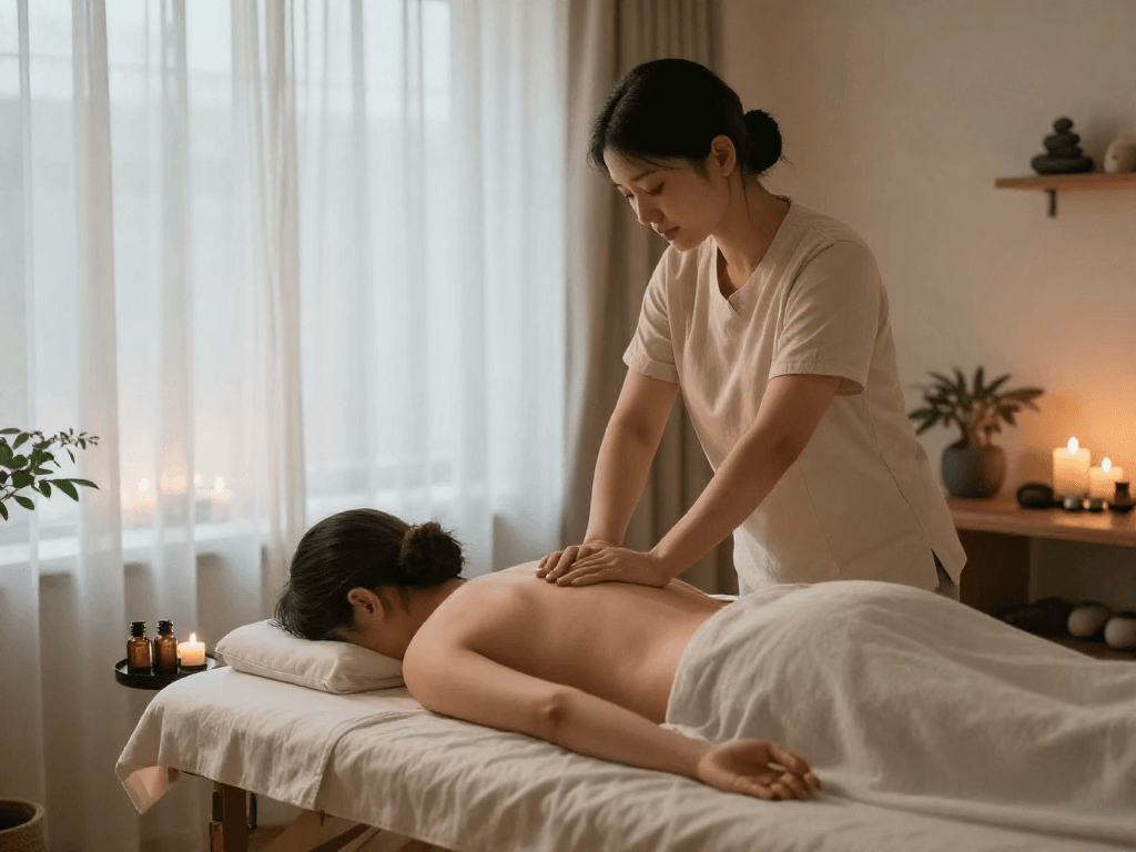 스웨디시 마사지 세션 중인 마사지사를 보여주는 이미지, 편안한 분위기에서 고객을 위한 테라피 제공.