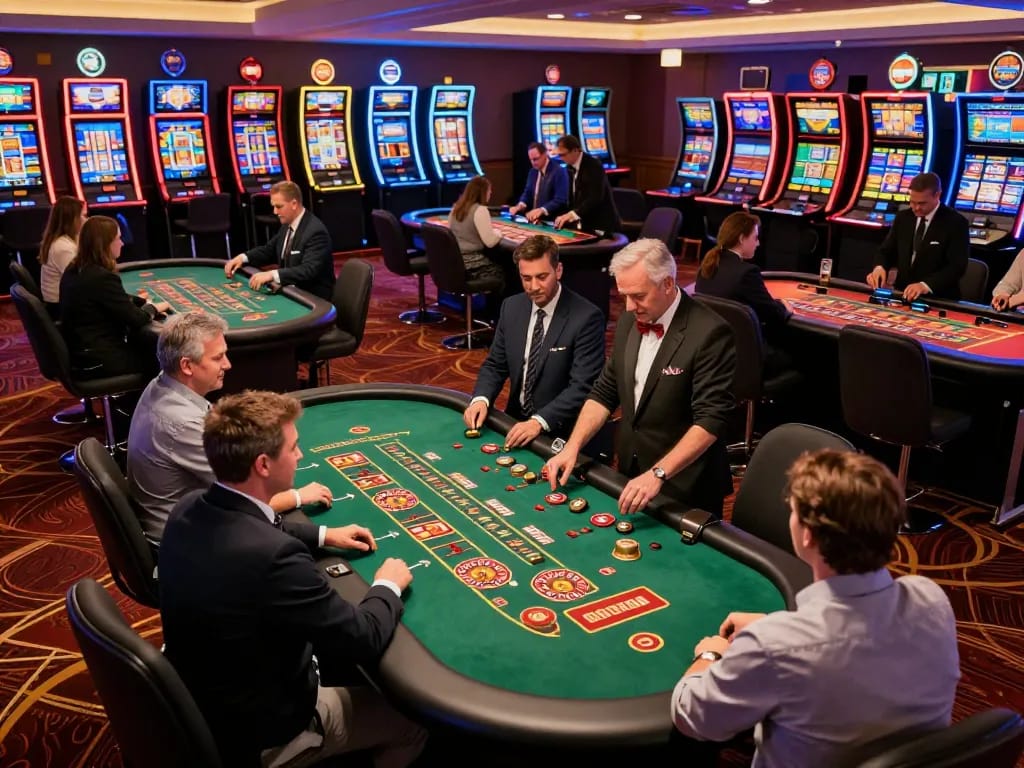 Players engaging in various games at the TR88 casino floor, highlighting dynamic gambling atmosphere.