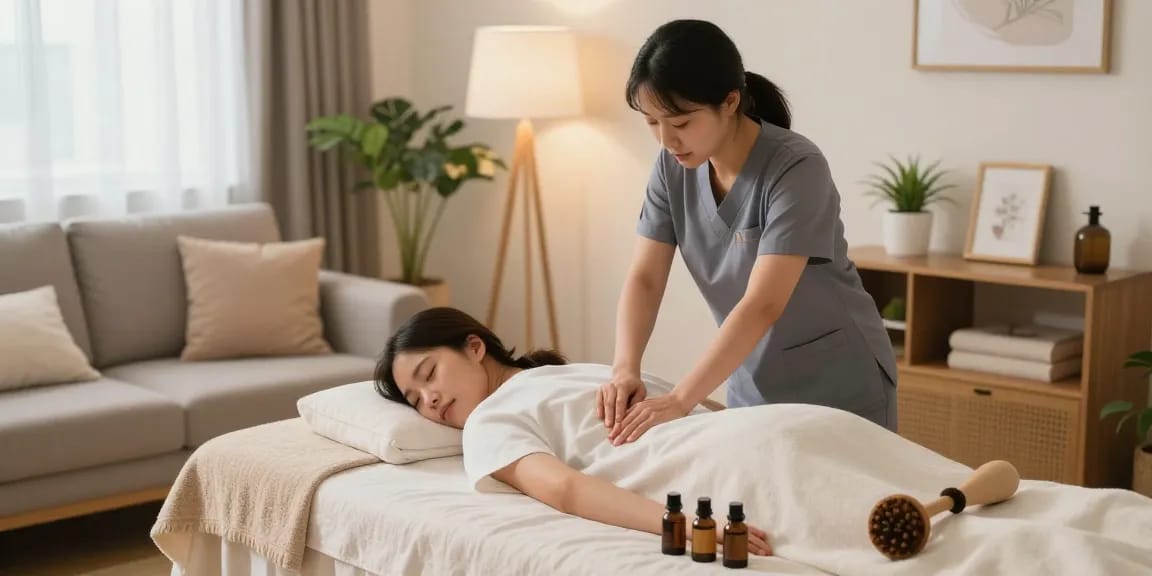Client experiencing a soothing 동탄출장마사지 at home with a professional therapist.