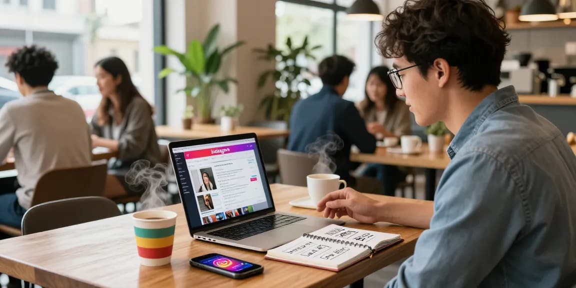 賑やかなカフェでインスタ いいね 購入のためのInstagramメトリクスを分析するエンゲージドな起業家。