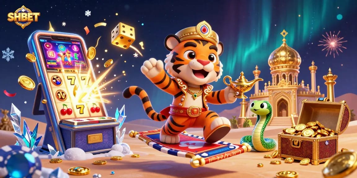 SHBET captures thrilling casino action with a tiger sultan and jackpot explosions in a vibrant fantasy setting.