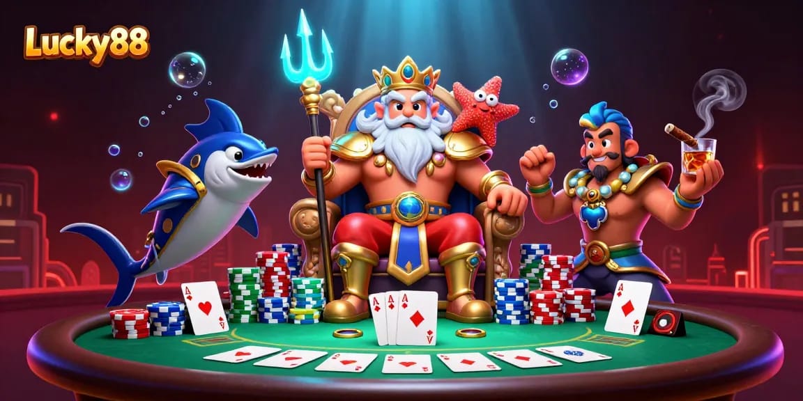 Experience Lucky88's vibrant casino atmosphere with Neptune and samurai amidst colorful poker elements.