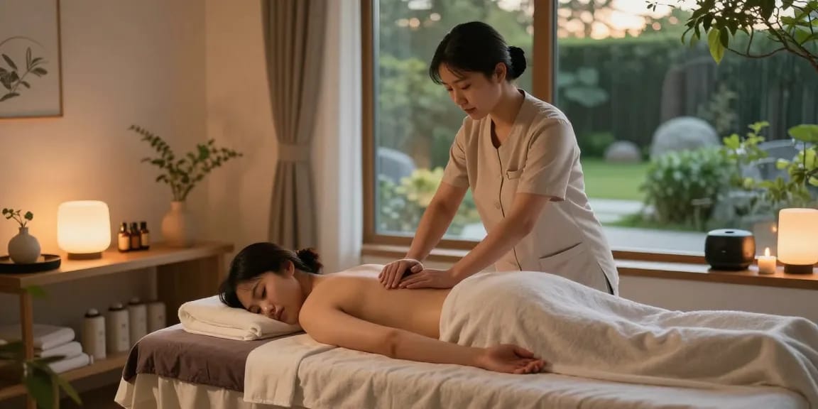 대전마사지 전문 치료사가 편안한 마사지 치료 스튜디오에서 고객에게 마사지를 제공하는 모습
