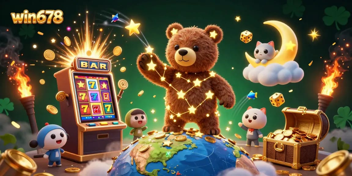 Win678 offers exciting gameplay with a constellation bear amidst a dynamic casino scene.