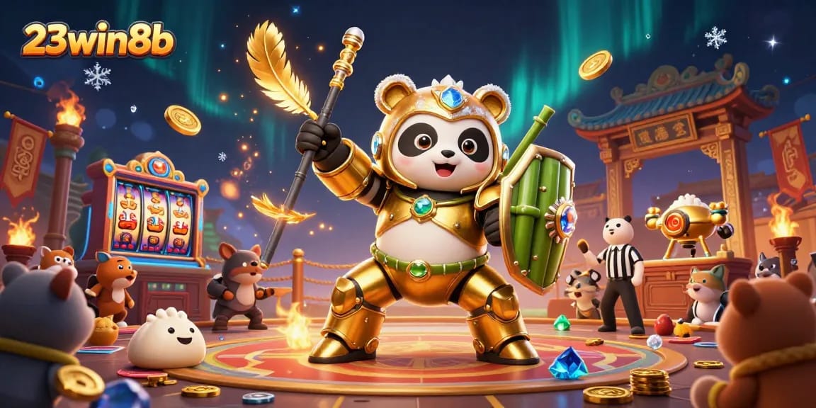Engaging gaming action showcasing 23win8b with a mech-suit panda in a vibrant casino environment filled with dynamic elements.