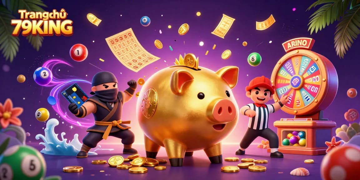 Engage in thrilling moments at Trang chủ 79KING, showcasing a dynamic casino illustration with lively characters and vibrant gaming elements.