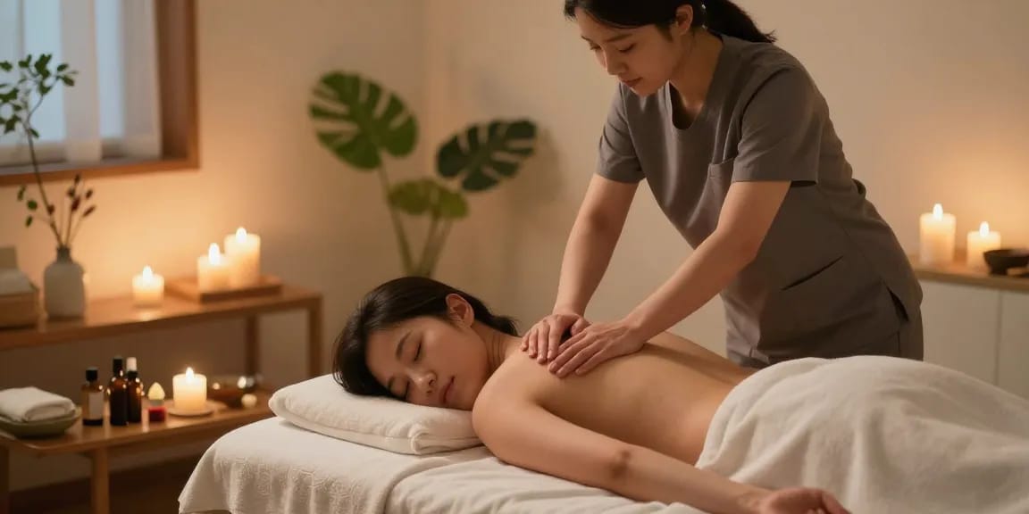 서울출장안마 서비스로 편안한 분위기에서 마사지 받는 장면, 전문 관리사가 고객을 편안하게 돌보는 모습