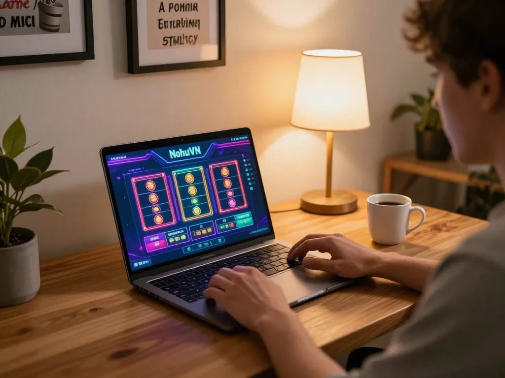 Engaging in online gaming at NohuVN with a laptop displaying exciting slot games.