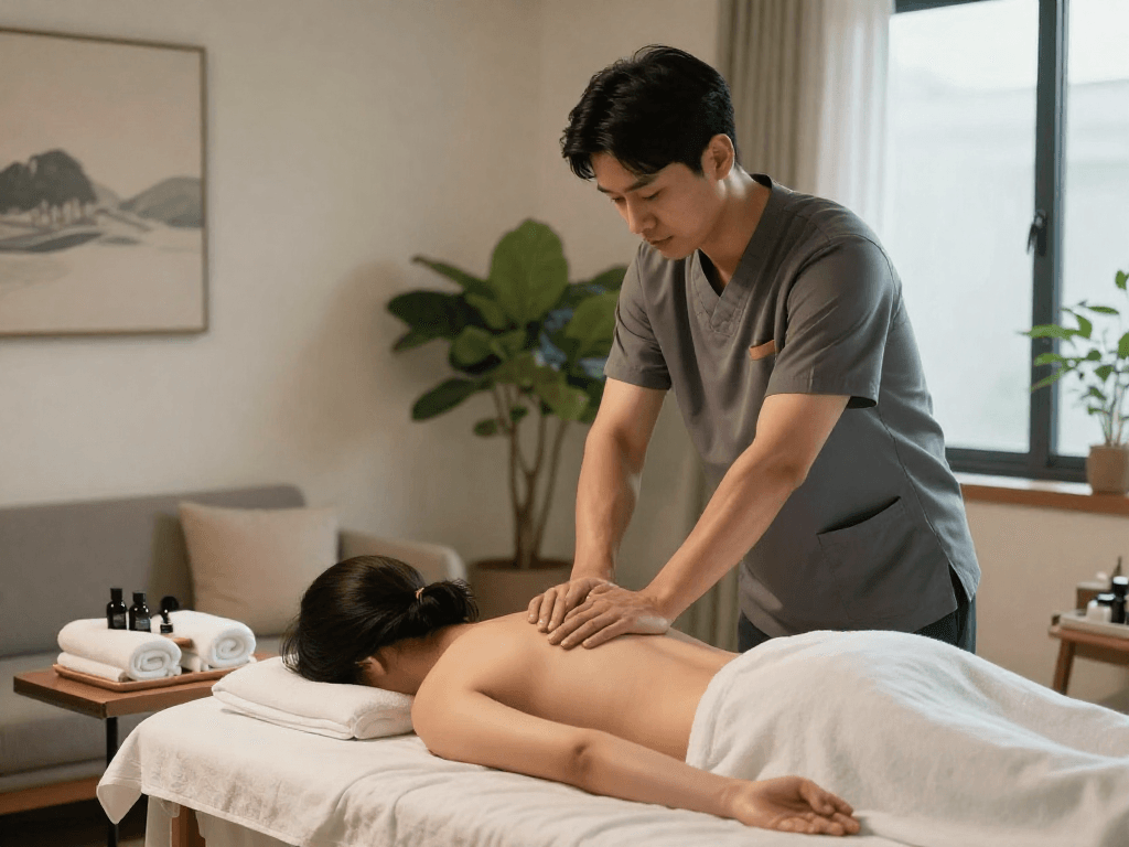 의정부출장안마 home massage service highlighting serene environment and professional therapist.