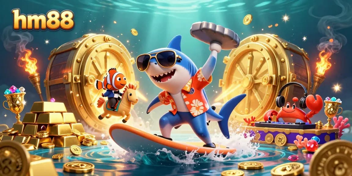 Engage in thrilling gameplay at hm88 with a vibrant underwater casino scene featuring characters and gold.