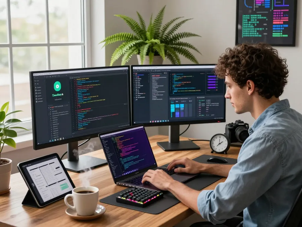 developer utilizing clawdbot ai in a modern workspace with dual monitors