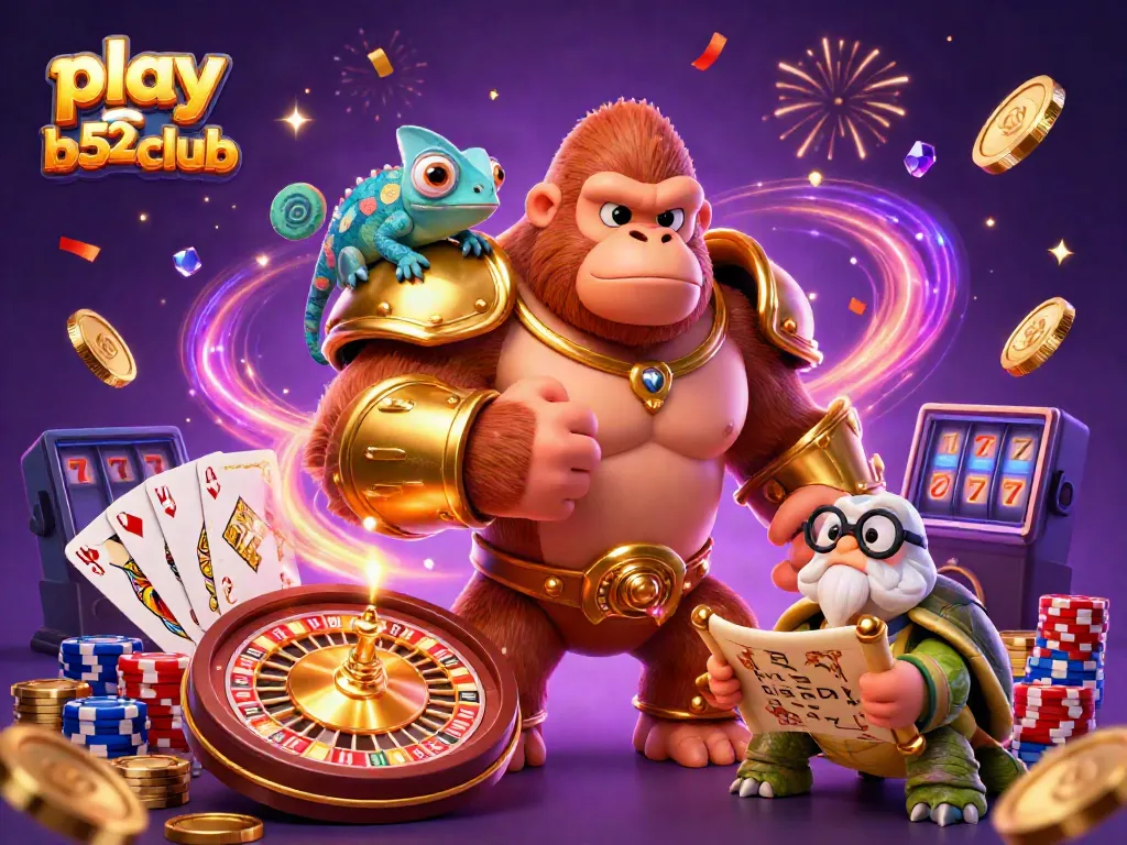 Experience the thrill to play B52 Club with a vibrant scene featuring characters amidst dazzling casino elements.