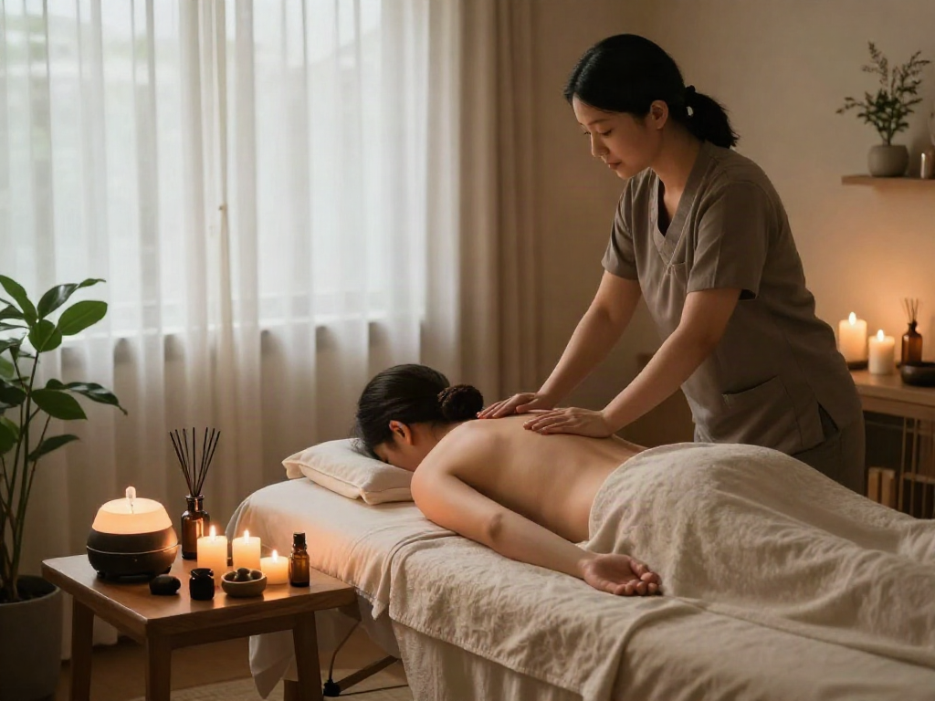 Expert therapist preparing for an 일산출장마사지 in a calm, serene environment with soothing elements.