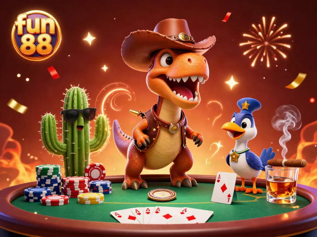 Play poker with fun 88 characters featuring T-Rex, cactus, and roadrunner in a vibrant casino scene.
