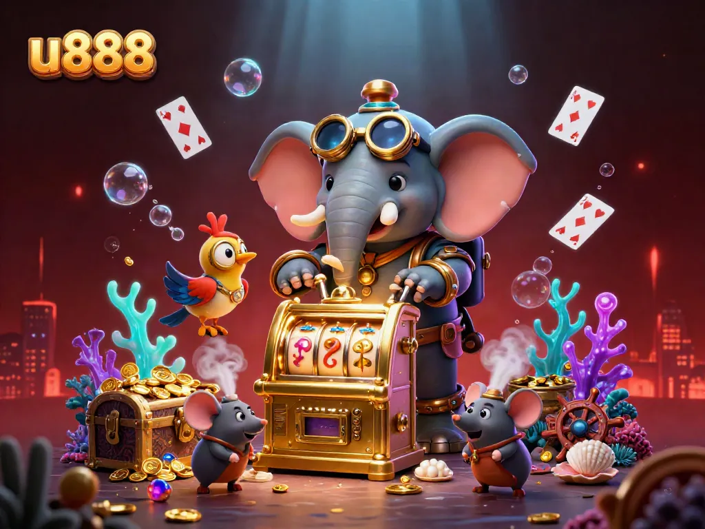 Experience the thrill of u888 with our golden slot machine and festive game elements in vibrant action.