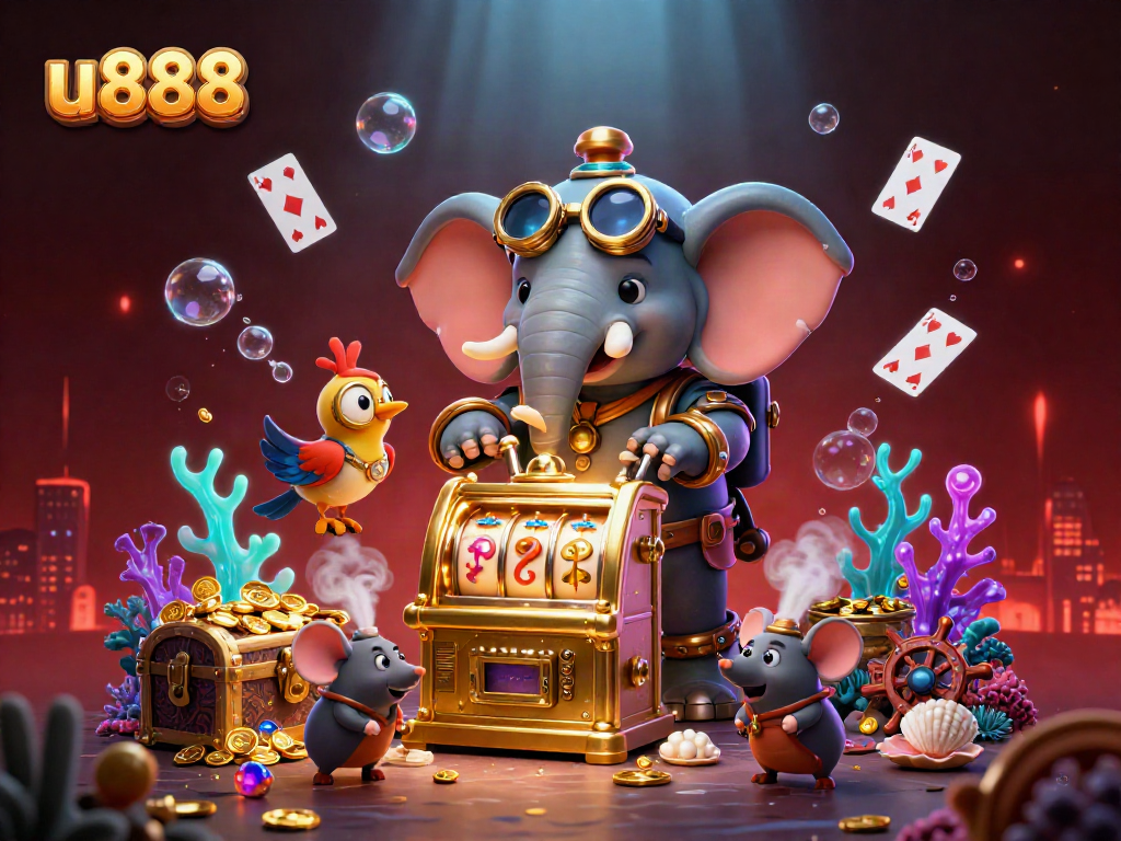 Experience the thrill of u888 with our golden slot machine and festive game elements in vibrant action.
