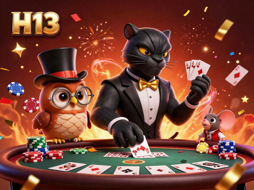 Experience thrilling poker action with the H 13 casino characters amidst festive gaming elements.