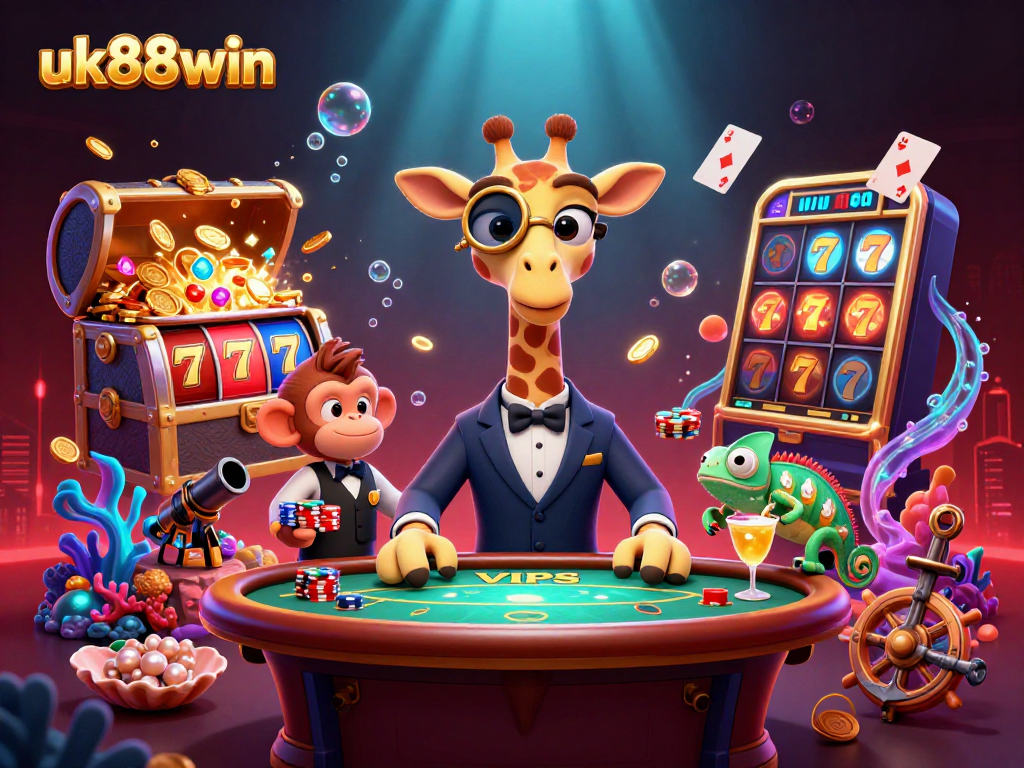 Engage in thrilling gameplay at uk88win with a vibrant casino scene featuring colorful characters and game elements.
