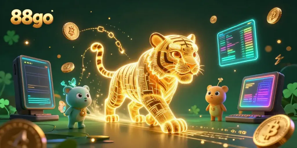 Experience the thrill of 88go with a neon-wireframe tiger amid a vibrant digital casino scene.