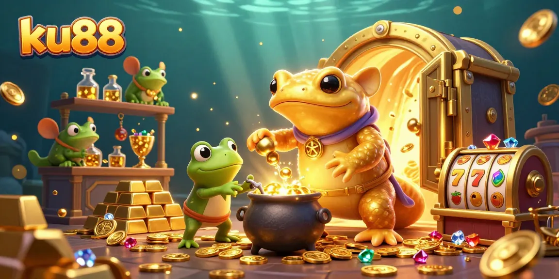 ku88 offers a magical 3D illustration of an alchemist and a frog apprentice in a dynamic casino scene.