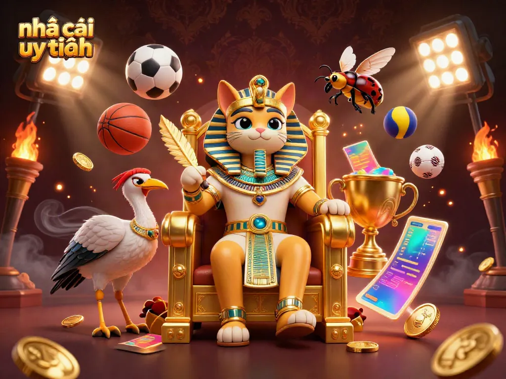 Engaging illustration of the prestigious nhà cái uy tín featuring a pharaoh cat and sports balls, capturing the essence of online gaming.