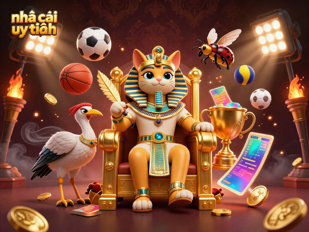 Engaging illustration of the prestigious nhà cái uy tín featuring a pharaoh cat and sports balls, capturing the essence of online gaming.